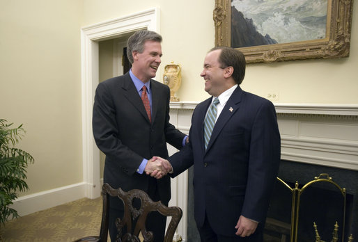 Tony Snow and Scott McClellan talk in the Oval Office Private Dining Room before joining the President in his announcement that Tony Snow is coming to the White House as the new press secretary Wednesday, April 26, 2006. White House photo by Eric Draper