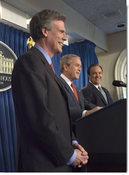 President George W. Bush and outgoing Press Secretary Scott McClellan introduces the new White House Press Secretary, Tony Snow, to the press in the James S. Brady Press Briefing Room Wednesday, April 26, 2006. White House photo by Eric Draper