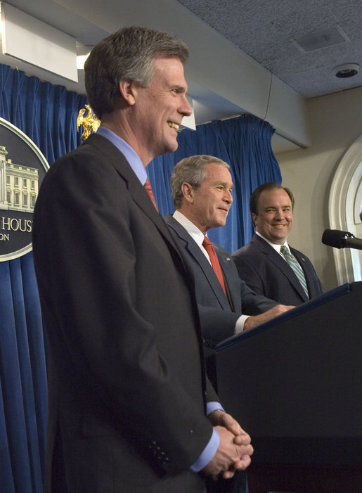 President George W. Bush and outgoing Press Secretary Scott McClellan introduces the new White House Press Secretary, Tony Snow, to the press in the James S. Brady Press Briefing Room Wednesday, April 26, 2006. White House photo by Eric Draper
