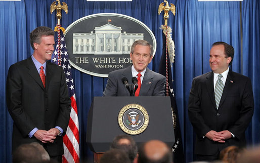 President George W. Bush and outgoing Press Secretary Scott McClellan introduces the new White House Press Secretary, Tony Snow, to the press in the James S. Brady Press Briefing Room Wednesday, April 26, 2006. White House photo by Kimberlee Hewitt