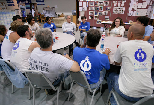 President George W. Bush meets with volunteers from Hands On Network at their base camp in Biloxi, Mississippi, Thursday, April 27, 2006. White House photo by Eric Draper