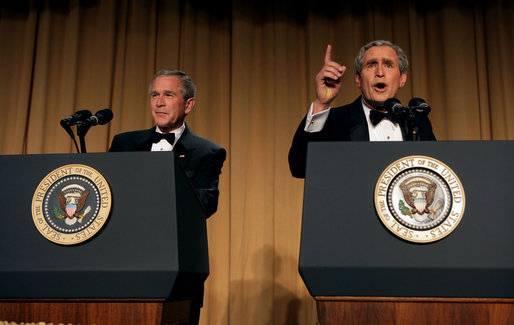 President George W. Bush and comedian Steve Bridges have a little fun at the White House Correspondents' Association Dinner at the Washington Hilton Hotel in Washington, D.C., April 29, 2006. White House photo by Kimberlee Hewitt