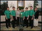 Mrs. Laura Bush welcomes the 2006 National Science Bowl Champions from State College, Pa., to the White House, Monday, May 1, 2006. From left to right are students Barry Liu, Jason Ma, Ylaine Gerardin, Galen Lynch, Francois Greet and their team coach Julie Gittings. The National Science Bowl, the nation’s largest science competition, is co-sponsored by the U.S. Department of Energy. White House Photo by Kimberlee Hewitt White House photo by Kimberlee Hewitt