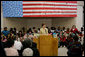 Mrs. Laura Bush, addressing an audience Wednesday, May 3, 2006 at the Gorenflo Elementary School in Biloxi, Miss., announces the distribution of $500,000 in grants for 10 Gulf Coast school libraries made possible by The Laura Bush Foundation for America's Libraries' Gulf Coast School Library Recovery Initiative. White House photo by Kimberlee Hewitt