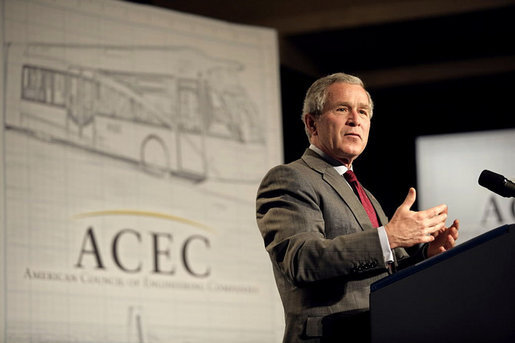 President George W. Bush addresses the American Council of Engineering Companies in Washington, D.C., May 3, 2006. "Most new jobs in America are created by small businesses, and when the small business sector is strong, it means people are going to find work," said President Bush. "The number of Hispanic-owned businesses is growing at three times the national rate, and that's a positive development." White House photo by Eric Draper