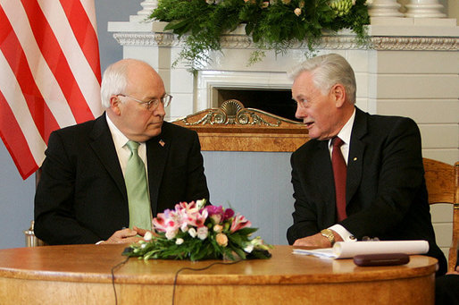 Vice President Dick Cheney listens to Lithuanian President Valdus Adamkus during a bilateral meeting held at the Presidential Palace in Vilnius, Lithuania, Wednesday, May 3, 2006. During the meeting the two leaders discussed their mutual determination to further the rise of democracy in the region. White House photo by David Bohrer
