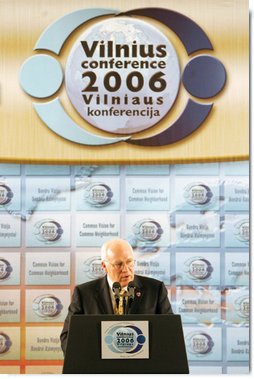 Vice President Dick Cheney delivers the keynote speech at the Vilnius Conference 2006 in Vilnius, Lithuania, Thursday May 4, 2006. The conference brings together delegations from the Baltic and Black Sea regions that are committed to the advancement of democracy and dedicated to working together to reinforce common values and regional interests. White House photo by David Bohrer