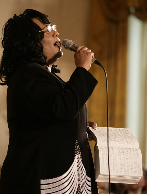 Evangelist performer Gail Richardson sings "How Great Thou Art," during a celebration of National Prayer Day Thursday, May 4, 2006, in the East Room of the White House. White House photo by Eric Draper