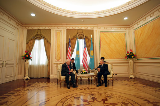 Vice President Dick Cheney talks with Kazakh President Nursultan Nazarbayev in a one-on-one meeting at the Presidential Palace in Astana, Kazakhstan, Friday, May 5, 2006. The two leaders discussed democratic pursuits, energy production, trade and Kazakhstan’s developing role in Central Asia relations. White House photo by David Bohrer
