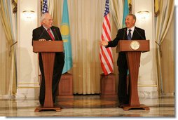 Vice President Dick Cheney and Kazakh President Nursultan Nazarbayev speak to the press following their meeting at the Presidential Palace in Astana, Kazakhstan, Friday, May 5, 2006. In his remarks the Vice President said, "The vision we affirm today is a community of sovereign states that grow in liberty and prosperity, trade and freedom and strive together for a century of peace. Standing in this modern capital city, I am proud to affirm the strong ties between Kazakhstan and the United States." White House photo by David Bohrer