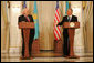 Vice President Dick Cheney and Kazakh President Nursultan Nazarbayev speak to the press following their meeting at the Presidential Palace in Astana, Kazakhstan, Friday, May 5, 2006. In his remarks the Vice President said, "The vision we affirm today is a community of sovereign states that grow in liberty and prosperity, trade and freedom and strive together for a century of peace. Standing in this modern capital city, I am proud to affirm the strong ties between Kazakhstan and the United States." White House photo by David Bohrer