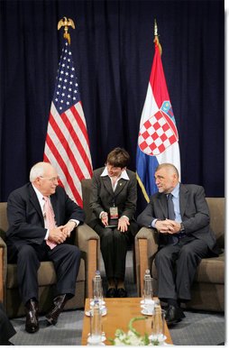 Vice President Dick Cheney meets with Croatian President Stjepan Mesic, Saturday, May 6, 2006 in the southern coastal city of Dubrovnik, Croatia. The Vice President's visit to Croatia is the last stop on a three-country trip.  White House photo by David Bohrer