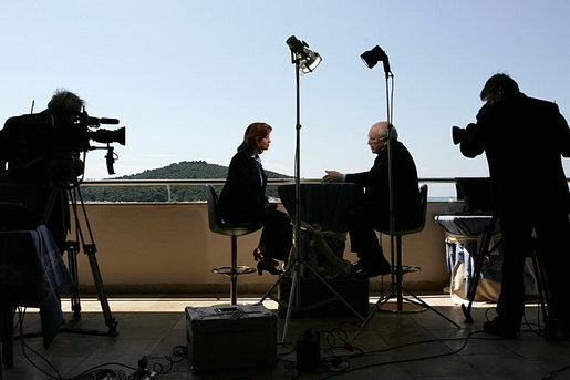 Before departing Dubrovnik, Croatia to return to the U.S., Vice President Dick Cheney participates in an interview with Kelly O'Donnell of NBC News, Sunday, May 7, 2006. During the interview the Vice President discussed issues ranging from relations with Russia to his role in U.S. politics and policy making. White House photo by David Bohrer