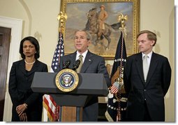 President George W. Bush delivers a statement on Darfur in the Roosevelt Room Monday, May 8, 2006. Standing with the President are State Secretary Condoleezza Rice and State Deputy Secretary Robert Zoellick. "About 200,000 people have died from conflict, famine and disease," said the President. "And more than 2 million were forced into camps inside and outside their country, unable to plant crops, or rebuild their villages. I've called this massive violence an act of genocide, because no other word captures the extent of this tragedy."  White House photo by Paul Morse