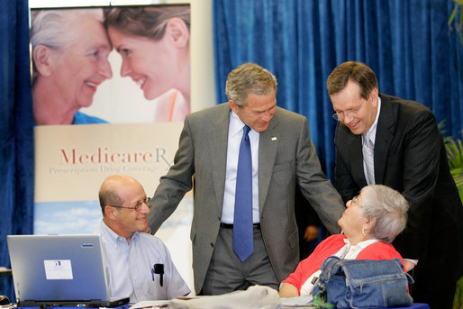President George W. Bush and Health and Human Services Secretary Mike Leavitt with seniors at a Medicare Prescription Drug Benefit Enrollment Event at Broward Community College in Coconut Creek, Fla., Tuesday, May 9, 2006. White House photo by Eric Draper
