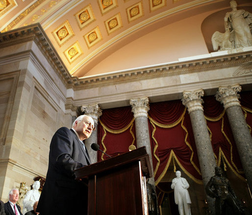 Vice President Dick Cheney delivers remarks after receiving the 2006 Distinguished Service Award during a ceremony held in Statuary Hall at the U.S. Capitol in Washington, Wednesday, May 10, 2006. The Distinguished Service Award is presented to former members of the House of Representatives who have served the country with extraordinary distinction and selfless dedication. White House photo by Kimberlee Hewitt
