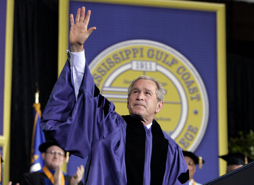 President addresses the 2006 graduation class at Mississippi Gulf Coast Community College in Biloxi, Miss., Thursday, May 11, 2006. "I am proud to stand before some of the most determined students at college or university in America," said the President. "Over these past nine months you have shown a resilience more powerful than any storm." White House photo by Paul Morse