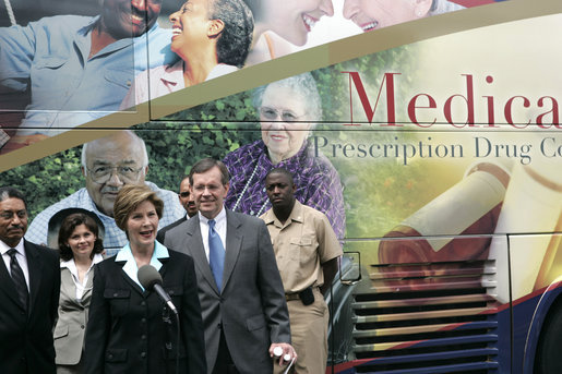 Mrs. Laura Bush addresses the press during the last day of enrollment for the new Medicare prescription drug benefit at Shiloh Baptist Church in Washington, D.C., Monday, May 15, 2006. White House photo by Shealah Craighead