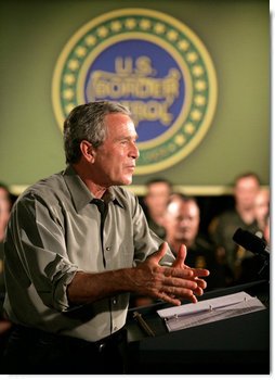 President George W. Bush delivers remarks on border security and immigration reform at the U.S. Border Patrol Yuma Sector Headquarters in Yuma, Arizona, Thursday, May 18, 2006.  White House photo by Eric Draper