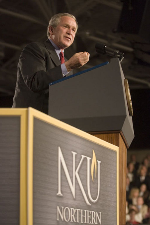President George W. Bush addresses his remarks on the American Competitiveness Initiative to an audience at Northern Kentucy University, Friday, May 19, 2006 in Highland Heights, Ky. White House photo by Kimberlee Hewitt