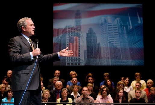President George W. Bush delivers remarks on the War on Terror Monday, May 22, 2006, at Arie Crown Theater at Lakeside Center in Chicago. White House photo by Eric Draper