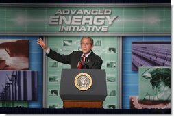 President George W. Bush gestures as he addresses an audience at the Limerick Generating Station in Limerick, Pa., Wednesday, May 24, 2006 , urging the the advancement of nuclear energy as part of a diversified U.S. energy policy that will make America less dependent on foreign sources of oil and more dependent on renewable sources of energy.  White House photo by Kimberlee Hewitt