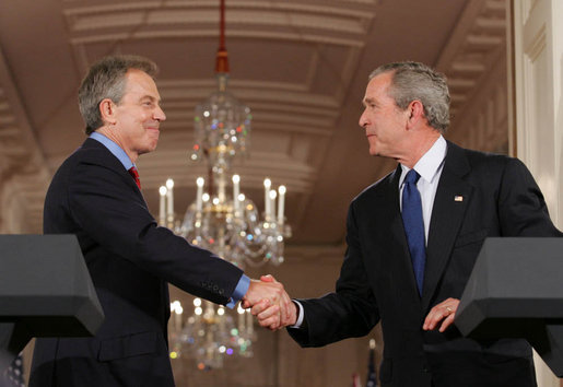 President George W. Bush and Prime Minister Tony Blair of Great Britain shake hands following a joint press availability Thursday, May 25, 2006, in the East Room of the White House during which they pledged their continued support for Iraq's new government. White House photo by Shealah Craighead