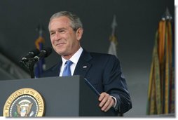 President George W. Bush delivers the commencement speech Saturday, May 27, 2006, to the 2006 graduating class of the U.S. Military Academy at West Point, in West Point, N.Y. "The field of battle is where your degree and commission will take you, " the President told the graduates. "This is the first class to arrive at West Point after the attacks of September the 11th, 2001. Each of you came here in a time of war, knowing all the risks and dangers that come with wearing our nation's uniform. And I want to thank you for your patriotism, your devotion to duty, your courageous decision to serve. America is grateful and proud of the men and women of West Point."  White House photo by Shealah Craighead