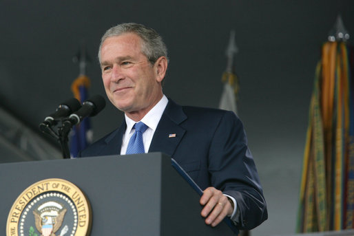 President George W. Bush delivers the commencement speech Saturday, May 27, 2006, to the 2006 graduating class of the U.S. Military Academy at West Point, in West Point, N.Y. "The field of battle is where your degree and commission will take you, " the President told the graduates. "This is the first class to arrive at West Point after the attacks of September the 11th, 2001. Each of you came here in a time of war, knowing all the risks and dangers that come with wearing our nation's uniform. And I want to thank you for your patriotism, your devotion to duty, your courageous decision to serve. America is grateful and proud of the men and women of West Point." White House photo by Shealah Craighead