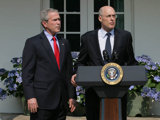 Henry Paulson responds to President George W. Bush Tuesday, May 30, 2006, after the President announced his nomination of the Chairman and Chief Executive Officer of the Goldman Sachs Group to succeed Treasury Secretary John Snow, who announced his resignation. White House photo by Shealah Craighead