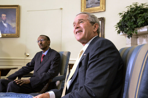 President George W. Bush and President Paul Kagame of Rwanda talk with the press during their meeting in the Oval Office Wednesday, May 31, 2006. White House photo by Paul Morse