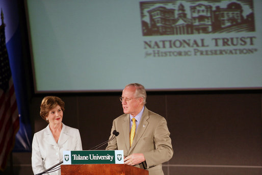 Mrs. Laura Bush listens to Richard Moe, President of the National Trust for Historic Preservation, Wednesday, May 31, 2006. Mr. Moe introduced Mrs. Bush during a historic preservation summit at Tulane University in New Orleans. White House photo by Shealah Craighead