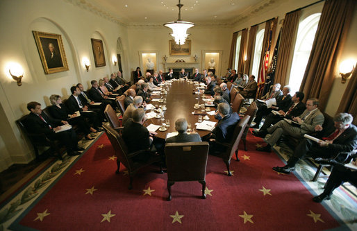 President George W. Bush meets with his Cabinet in the Cabinet Room Thursday, June 1, 2006. Among subjects discussed was the war on terror, the hurricane season, immigration and the strength of the economy. White House photo by Eric Draper