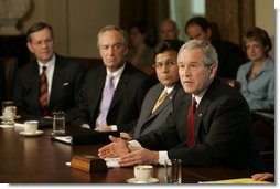 President George W. Bush offers remarks after meeting with the Cabinet Thursday, June 1, 2006, in the Cabinet Room of the White House. Among subjects discussed was the war against terror, the hurricane season, immigration and the strength of the economy. White House photo by Eric Draper