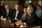 President George W. Bush offers remarks after meeting with the Cabinet Thursday, June 1, 2006, in the Cabinet Room of the White House. Among subjects discussed was the war against terror, the hurricane season, immigration and the strength of the economy. White House photo by Eric Draper