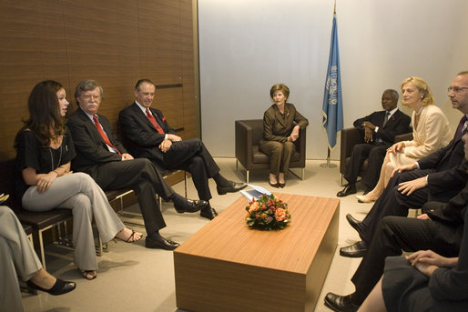 Ms. Barbara Bush talks about her experiences visiting AIDS clinics in Africa with U.S. Ambassador to the U.N. John Bolton, seated at her left, UN Secretary-General Kofi Annan, seated next to Mrs. Bush, and staff members during a visit to the United Nations in New York June 2, 2006. Mrs. Laura Bush also spoke about HIV/AIDS to the United Nations General Assembly's High-Level Meeting on AIDS. White House photo by Shealah Craighead