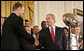 President George W. Bush shakes hands with Pittsburgh Steelers coach Bill Cowher, as he welcomes the Super Bowl Champion Pittsburgh Steelers to the White House, Friday, June 2, 2006, during a ceremony in the East Room to honor the Super Bowl champs. White House photo by Eric Draper