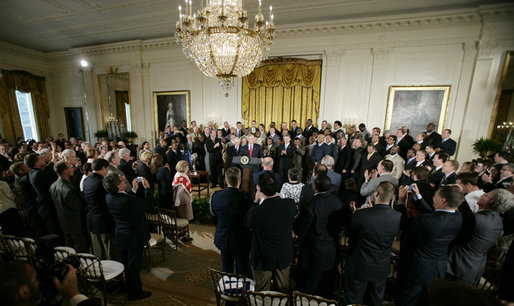 President George W. Bush welcomes the Super Bowl Champion Pittsburgh Steelers to the White House, Friday, June 2, 2006, during a ceremony in the East Room to honor the Super Bowl champs. White House photo by Kimberlee Hewitt
