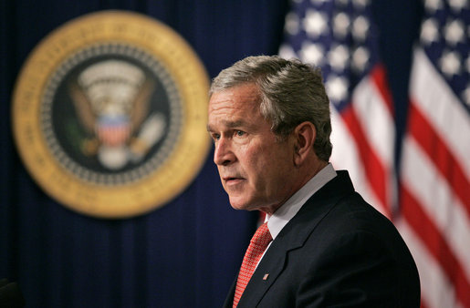 President George W. Bush delivers a statement on the Marriage Protection Amendment in the Presidential Hall of the Dwight D. Eisenhower Executive Office Building Monday, June 5, 2006. "In 1996, Congress approved the Defense of Marriage Act by large bipartisan majorities in both the House and the Senate, and President Clinton signed it into law." said the President. "And since then, 19 states have held referendums to amend their state constitutions to protect the traditional definition of marriage. In every case, the amendments were approved by decisive majorities with an average of 71 percent." White House photo by Eric Draper