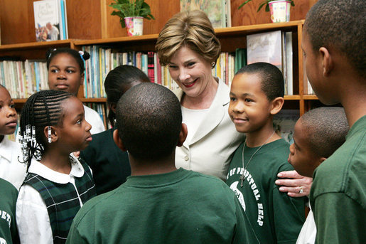Mrs. Laura Bush meets with students during her visit to Our Lady of Perpetual Help School in Washington, Monday, June 5, 2006, where she announced a Laura Bush Foundation for America’s Libraries grant to the school. White House photo by Shealah Craighead