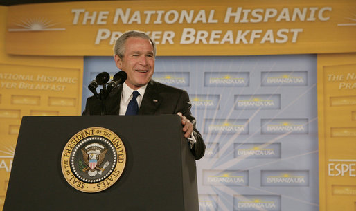 President George W. Bush delivers his remarks Thursday morning, June 8, 2006 at the National Hispanic Prayer Breakfast in Washington. White House photo by Kimberlee Hewitt