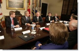 President George W. Bush meets with seven of the nation's governors in the Roosevelt Room at the White House Thursday, June 8, 2006, to discuss the Line Item Veto. President Bush, seen seated between Governor Matt Blunt, R-Mo., left, and Governor Sonny Perdue, R-Ga., right, also met with Governor Kathleen Blanco, D-La., Governor Tim Kaine, D-Va., Governor Bill Owens, R-Co., Governor Bob Riley, R-Al., and Governor Jeb Bush, R-Fla. White House photo by Kimberlee Hewitt
