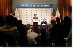 Mrs. Laura Bush delivers remarks on the President’s $1.2 billion Global Malaria Initiative, first introduced by President George W. Bush in June 2005 to combat malaria in 15 of the hardest-hit African nations, to an audience Thursday, June 8, 2006 at the National Press Club in Washington. Mrs. Bush highlighted the work of the Corporate Alliance on Malaria in Africa, and announced an anti-malaria initiative in Malawi, Mozambique, Rwanda and Senegal. White House photo by Shealah Craighead