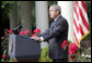President George W. Bush delivers a statement regarding the death of terrorist al Zarqawi, an al Qaeda leader in Iraq, in the Rose Garden Thursday, June 8, 2006. "Through his every action, he sought to defeat America and our coalition partners, and turn Iraq into a safe haven from which al Qaeda could wage its war on free nations," said the President. "To achieve these ends, he worked to divide Iraqis and incite civil war." White House photo by Eric Draper