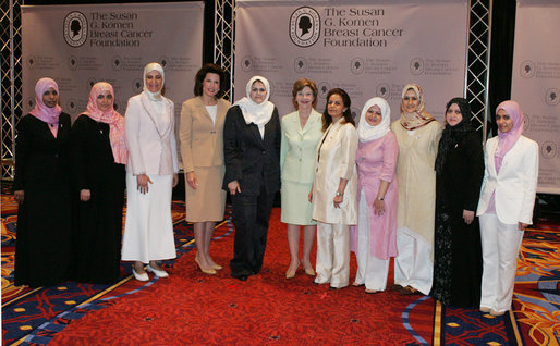 Mrs. Laura Bush joins Nancy Brinker, founder of the Susan G. Komen Breast Cancer Foundation, fourth from left, and women from Saudi Arabia and the United Arab Emirates, Monday, June 12, 2006, at the Susan G. Komen Breast Cancer Foundation’s 2006 Mission Conference in Washington, D.C. Mrs. Bush announced the U.S.-Middle East Partnership for Breast Cancer Awareness and Research which allows governments, hospitals, researchers, and survivors to work with each other to help defeat breast cancer. White House photo by Shealah Craighead