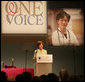 Mrs. Laura Bush addresses an audience at the Susan G. Komen Breast Cancer Foundation’s 2006 Mission Conference in Washington, DC. Mrs. Bush announced the U.S.-Middle East Partnership for Breast Cancer Awareness and Research which allows governments, hospitals, researchers, and survivors to work with each other to help defeat breast cancer.The partnership will include the U.S. State Department, the Susan G. Komen Foundation, MD Anderson Cancer Center, The John Hopkins University and both the United Arab Emirates and the Kingdom of Saudi Arabia. White House photo by Shealah Craighead