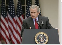 President George W. Bush answers a reporter’s question Wednesday morning, June 14, 2006, during a news conference in the Rose Garden, following his trip to Iraq where he met with members of the Iraq government and U.S. troops. White House photo by Paul Morse