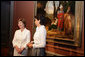 Mrs. Laura Bush and Mrs. Leila Castellaneta, wife of the Italian ambassador, speak to the press during their preview tour of the upcoming exhibition Bellini, Giorgione, Titian, and the Renaissance of Venetian Painting at the National Gallery of Art Tuesday, June 14, 2006. The exhibition opens June 18 and runs through September 17, 2006. White House photo by Shealah Craighead