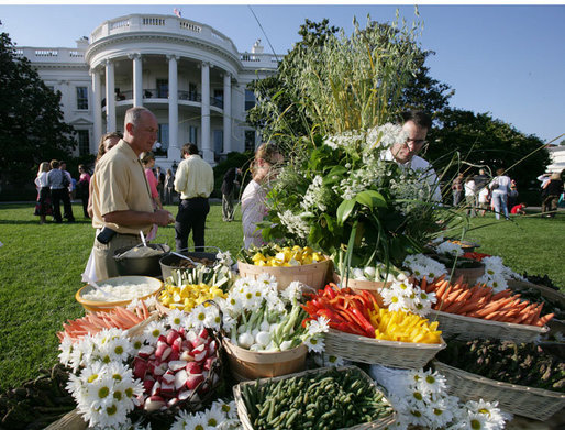 Guests look over a vegetable buffet table at the annual Congressional Picnic on the South Lawn of the White House Wednesday evening, June 15, 2006, an annual event started by former President Ronald Reagan to host members of Congress and their families. White House photo by Shealah Craighead