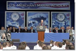 President George W. Bush delivers the commencement address during the graduation ceremony at the United States Merchant Marine Academy at Kings Point, New York, Monday, June 19, 2006. “America has invested in you, and she has high expectations," said President Bush. "My call to you is this: Trust your instincts, and use the skills you were taught here to give back to your nation. Do not be afraid of mistakes; learn from them. Show leadership and character in whatever you do. The world lies before you. I ask you to go forth with faith in America, and confidence in the eternal promise of liberty." White House photo by Kimberlee Hewitt